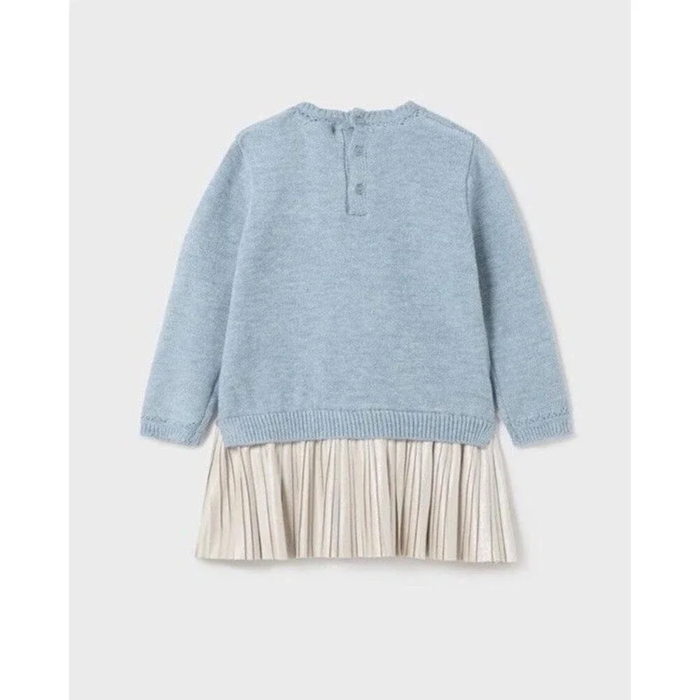 Mayoral Baby Girls Blue and Cream Knit Combined Dress with SWAN Applique